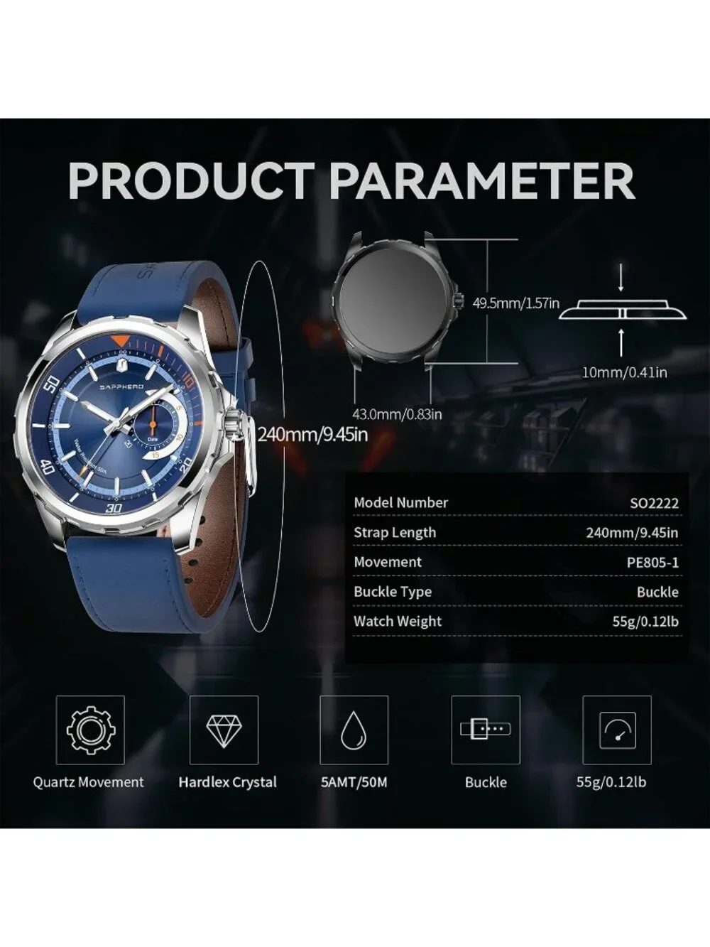 Men's Silver/Blue Numeral Dial Leather Strap Analog Quartz Elegant Wrist Watch